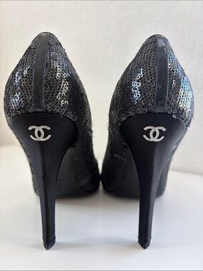 CHANEL Black Sequin Stiletto High Heel Shoes Pump 39 Used Good